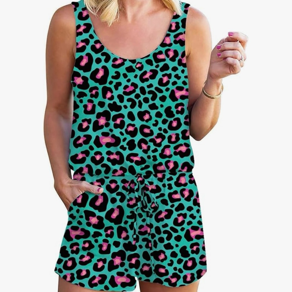Women's Leopard Print Summer Romper Shorts Jumpsuit Blue and Pink size M